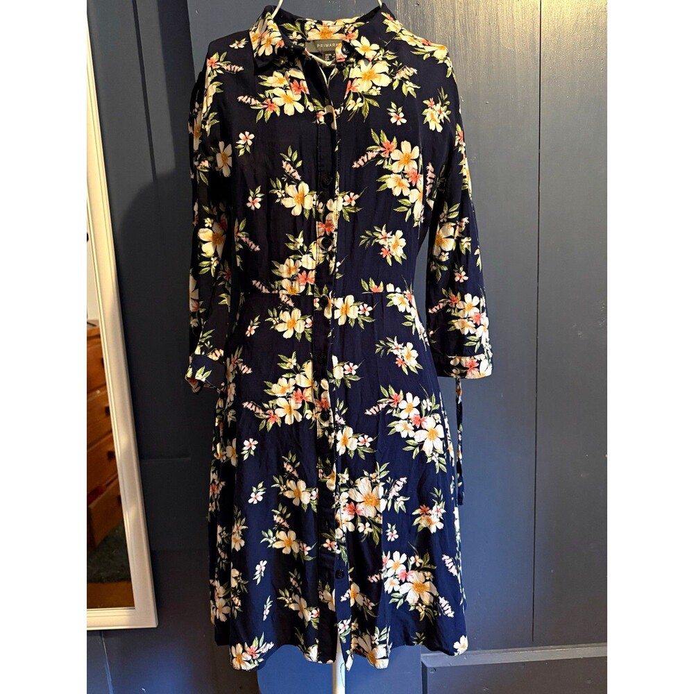 Primark Navy Floral Shirt Dress Collared Button Front 3/4 Sleeve Size 6